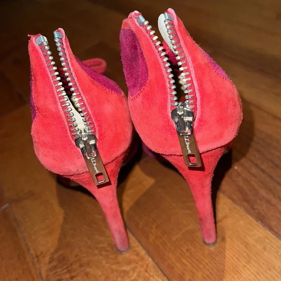 LK BENNET Red Pink patchwork suede trim Neoprene sandals HEELS Sz 37 - Picture 15 of 17